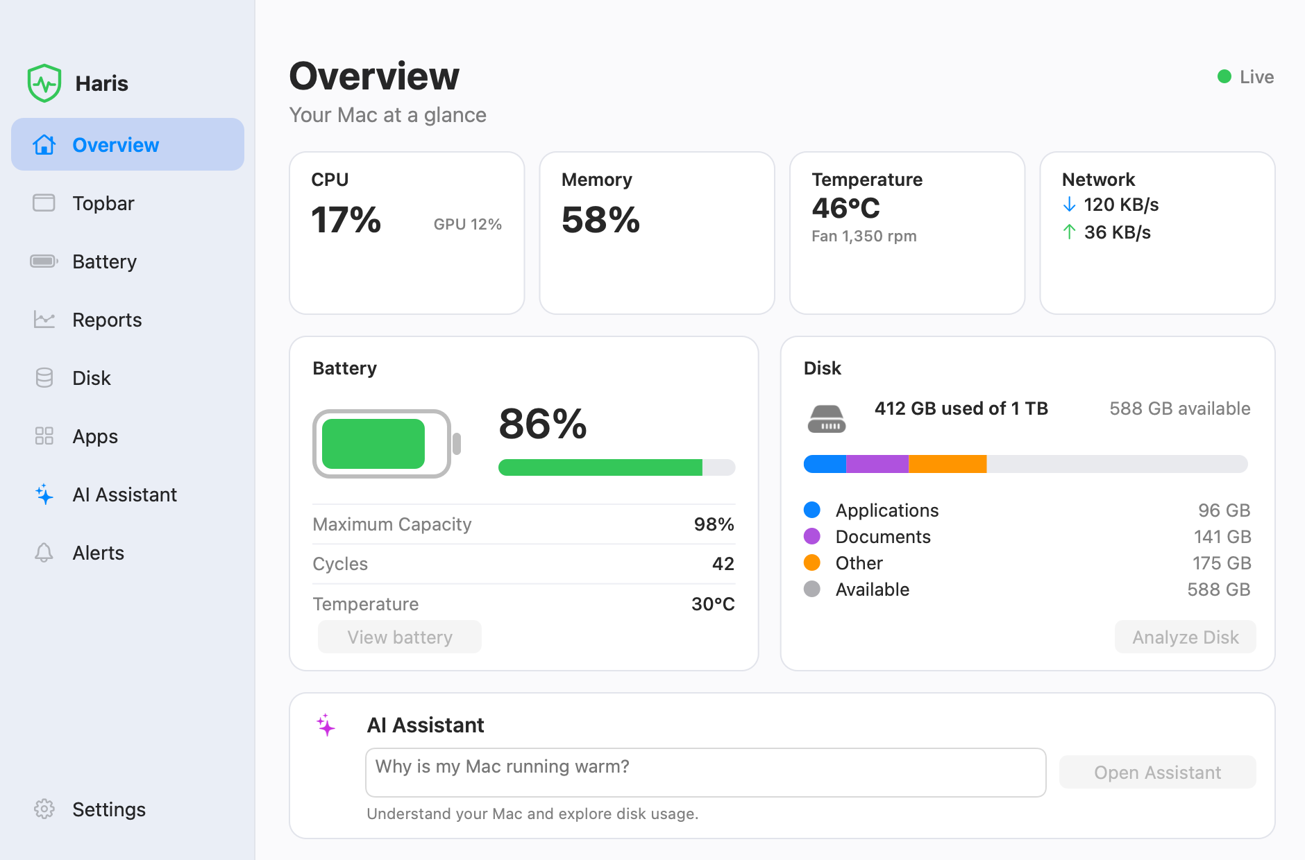 The Haris window showing the Overview page: CPU, memory, temperature, network, battery and disk at a glance.